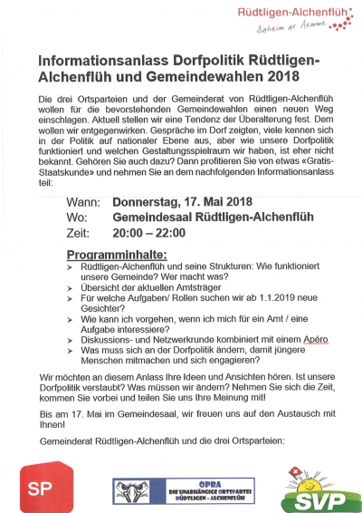 Informationsanlass Dorfpolitik Rüdtligen-Alchenflüh und Gemeindewahlen 2018